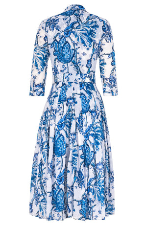 Audrey Dress #4 Shirt Collar 3/4 Sleeve Midi Length Cotton Musola (Lillie Toile White)
