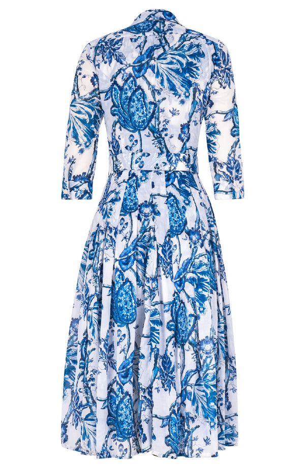 Audrey Dress #4 Shirt Collar 3/4 Sleeve Midi Length Cotton Musola (Lillie Toile White)
