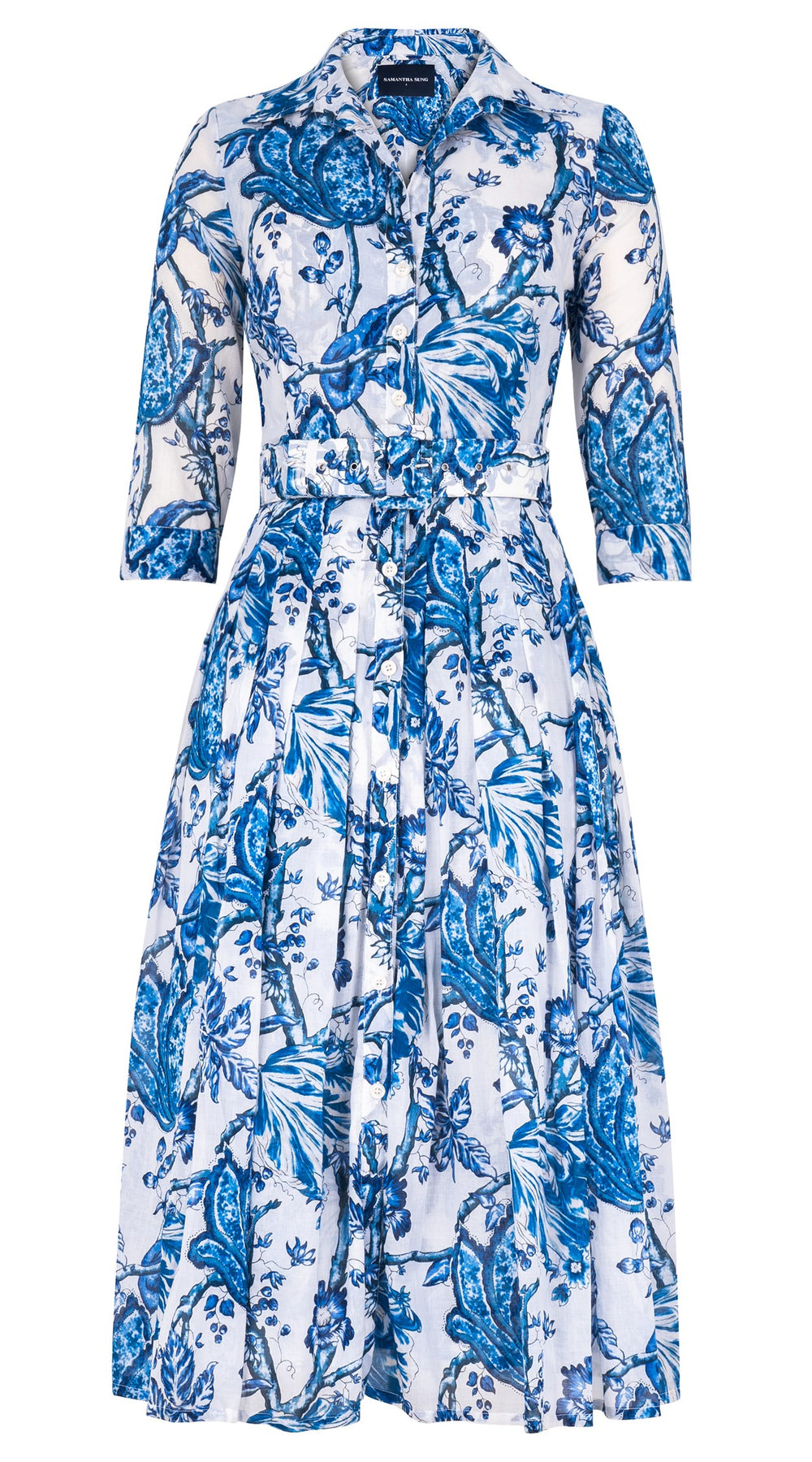 Audrey Dress #4 Shirt Collar 3/4 Sleeve Midi Length Cotton Musola (Lillie Toile White)