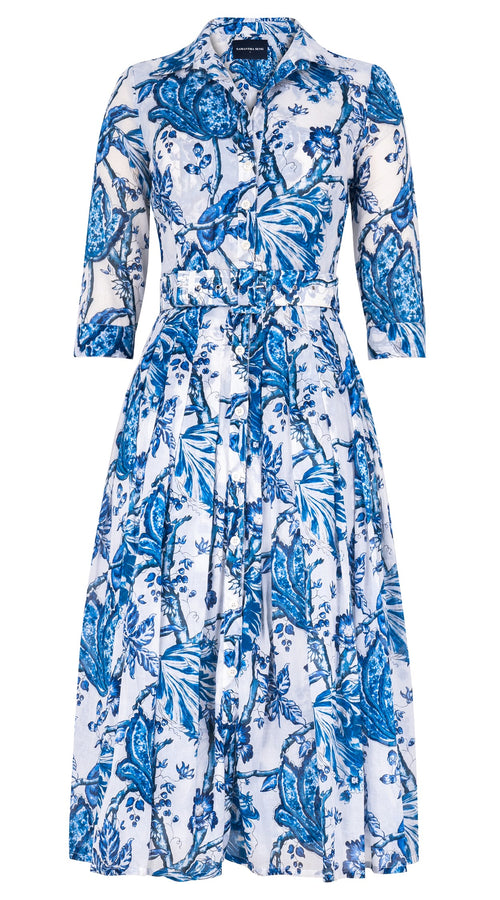 Audrey Dress #4 Shirt Collar 3/4 Sleeve Midi Length Cotton Musola (Lillie Toile White)