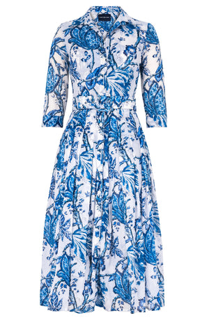 Audrey Dress #4 Shirt Collar 3/4 Sleeve Midi Length Cotton Musola (Lillie Toile White)