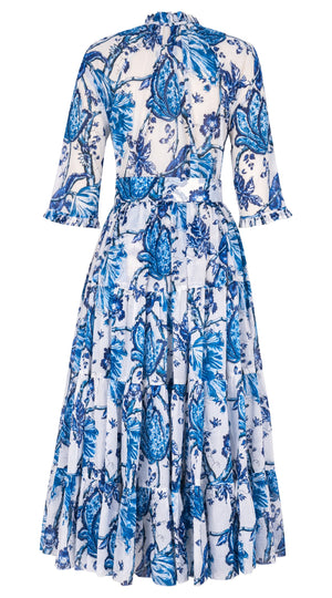 Eva Dress Crew Neck 3/4 Sleeve Midi Length Cotton Musola (Lillie Toile White)