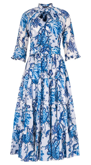 Eva Dress Crew Neck 3/4 Sleeve Midi Length Cotton Musola (Lillie Toile White)