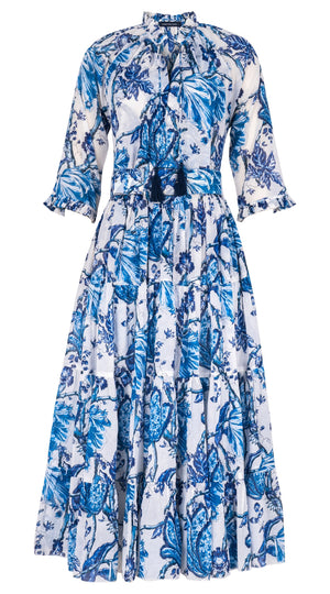 Eva Dress Crew Neck 3/4 Sleeve Midi Length Cotton Musola (Lillie Toile White)