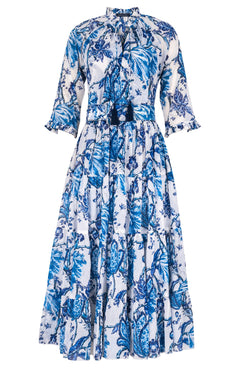 Eva Dress Crew Neck 3/4 Sleeve Midi Length Cotton Musola (Lillie Toile White)