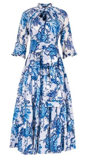 Eva Dress Crew Neck 3/4 Sleeve Midi Length Cotton Musola (Lillie Toile White)