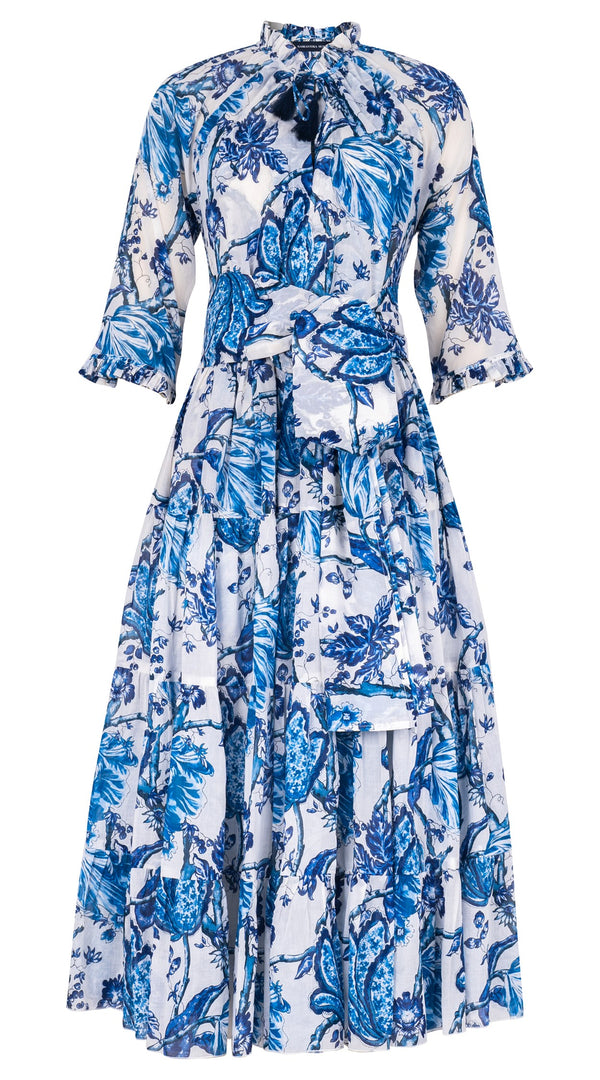 Eva Dress Crew Neck 3/4 Sleeve Midi Length Cotton Musola (Lillie Toile White)