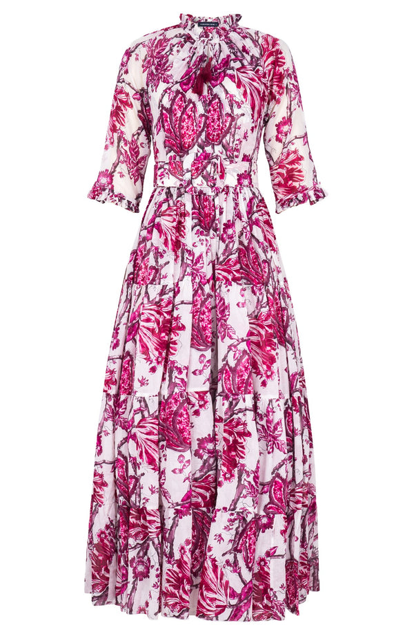 Eva Dress Crew Neck 3/4 Sleeve Maxi Length Cotton Musola (Lillie Toile White)