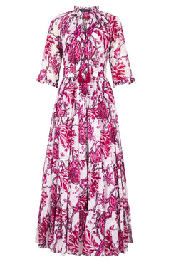 Eva Dress Crew Neck 3/4 Sleeve Maxi Length Cotton Musola (Lillie Toile White)