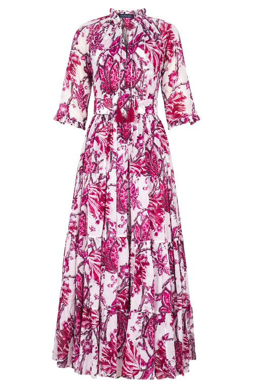 Eva Dress Crew Neck 3/4 Sleeve Maxi Length Cotton Musola (Lillie Toile White)