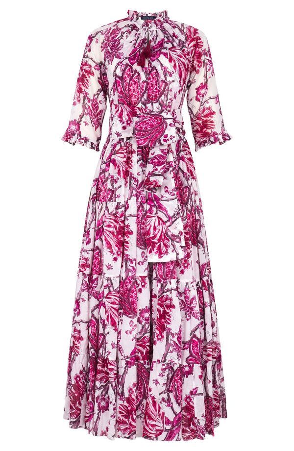 Eva Dress Crew Neck 3/4 Sleeve Maxi Length Cotton Musola (Lillie Toile White)