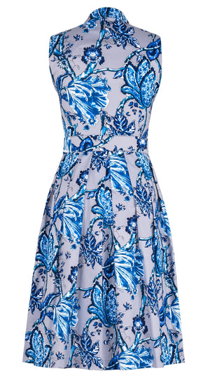 Audrey Dress #1 Shirt Collar Sleeveless Long Length Cotton Stretch (Lillie Toile Pastel)