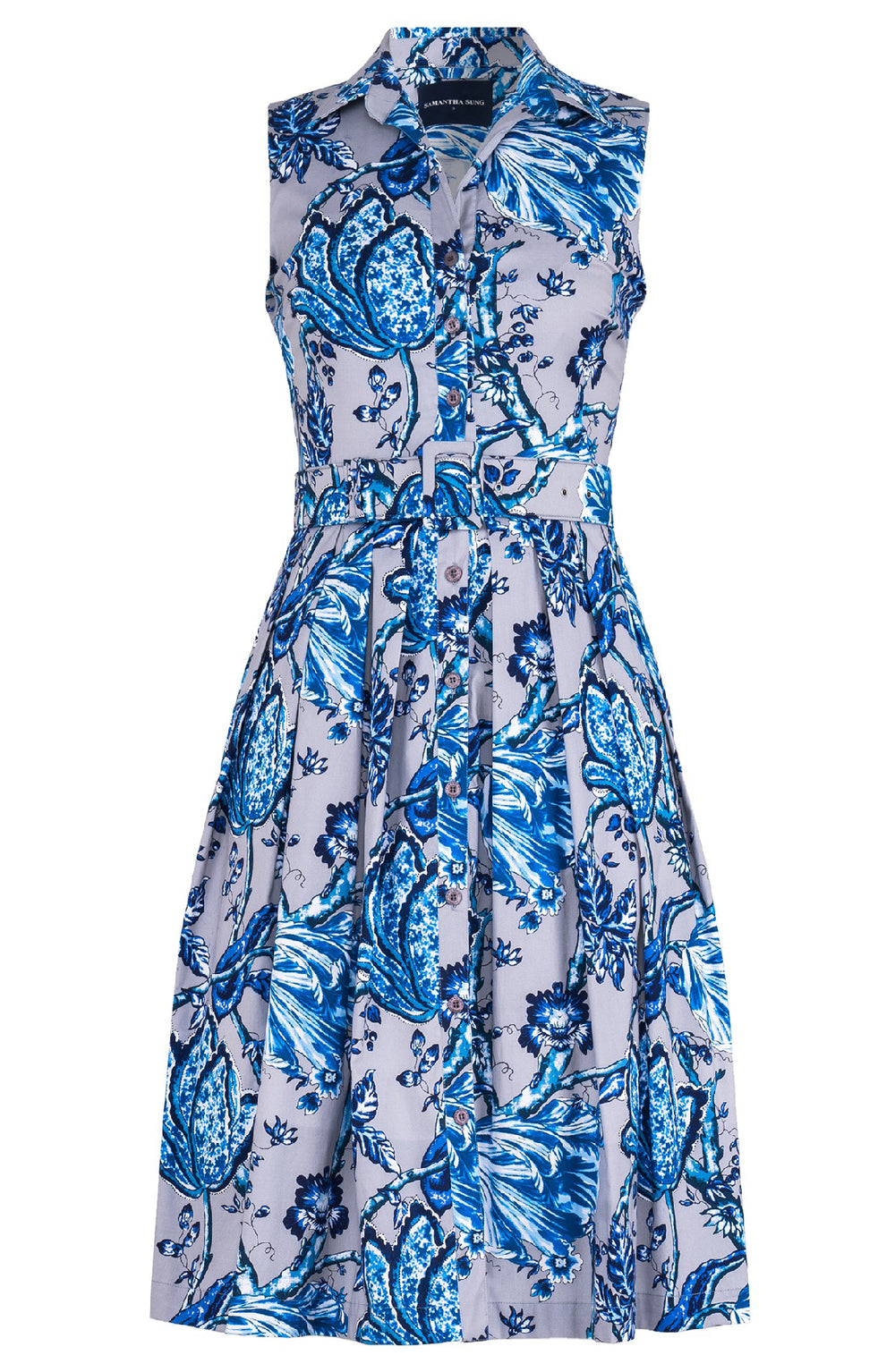 Audrey Dress #1 Shirt Collar Sleeveless Long Length Cotton Stretch (Lillie Toile Pastel)