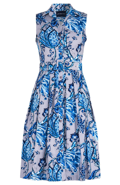 Audrey Dress #1 Shirt Collar Sleeveless Long Length Cotton Stretch (Lillie Toile Pastel)
