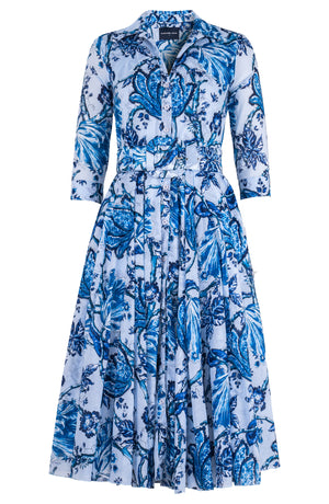 Aster Dress Shirt Collar 3/4 Sleeve Midi Length Cotton Musola (Lillie Toile Pastel)