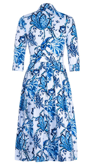 Audrey Dress #1 Shirt Collar 3/4 Sleeve Midi Length Cotton Stretch (Lillie Toile Pastel)