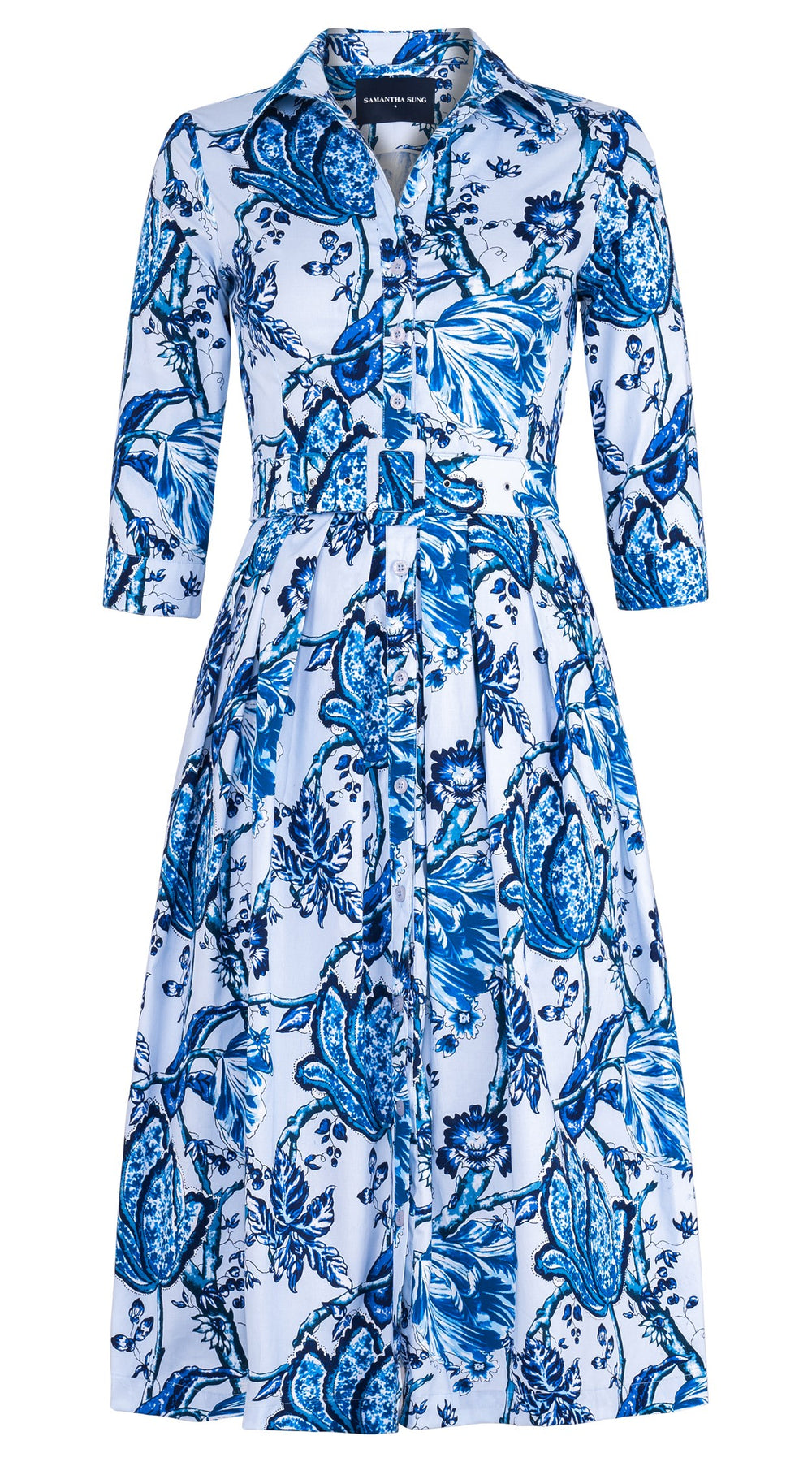 Audrey Dress #1 Shirt Collar 3/4 Sleeve Midi Length Cotton Stretch (Lillie Toile Pastel)
