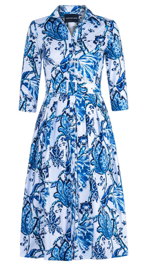 Audrey Dress #1 Shirt Collar 3/4 Sleeve Midi Length Cotton Stretch (Lillie Toile Pastel)