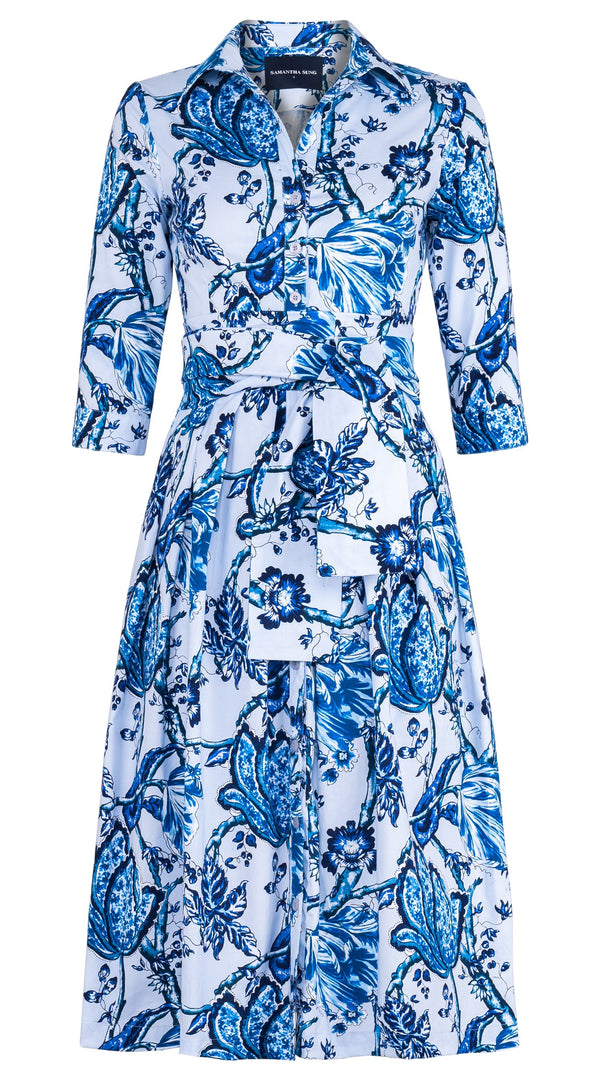 Audrey Dress #1 Shirt Collar 3/4 Sleeve Midi Length Cotton Stretch (Lillie Toile Pastel)