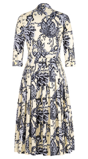 Audrey Dress #2 Shirt Collar 3/4 Sleeve Midi Length Cotton Stretch (Lillie Toile Black)