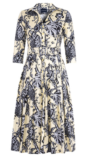 Audrey Dress #2 Shirt Collar 3/4 Sleeve Midi Length Cotton Stretch (Lillie Toile Black)