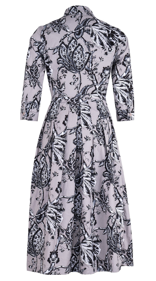 Audrey Dress #1 Shirt Collar 3/4 Sleeve Midi Length Cotton Stretch (Lillie Toile Black)