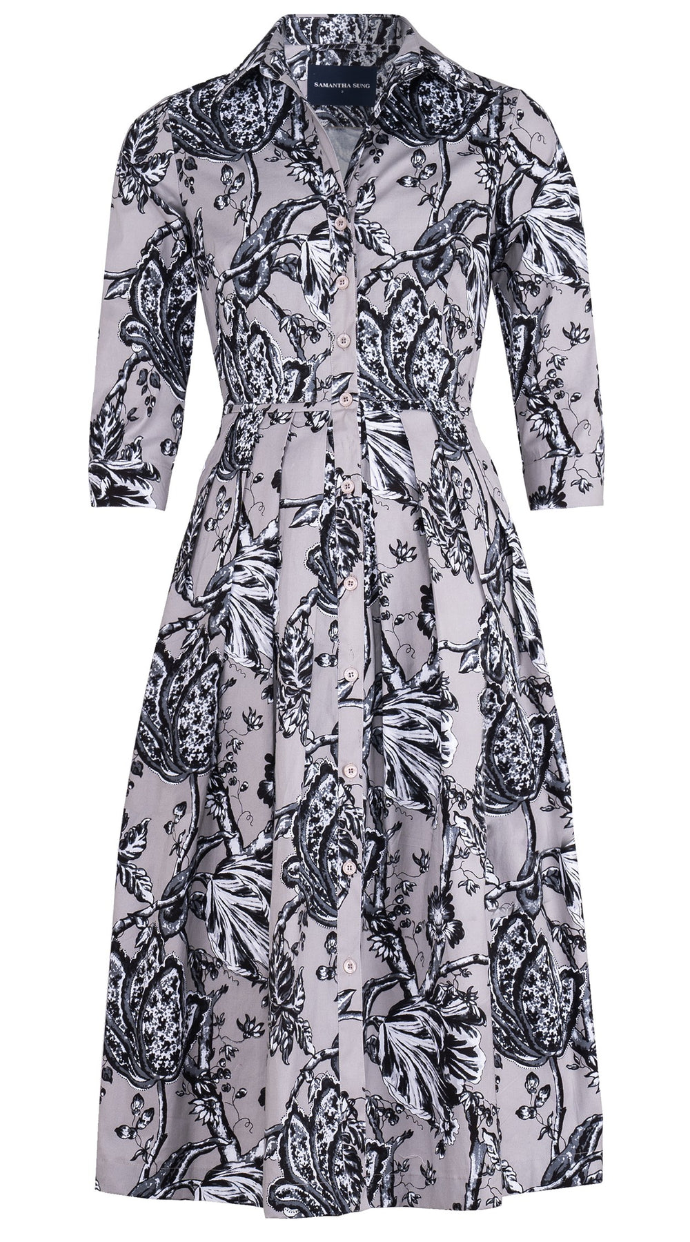 Audrey Dress #1 Shirt Collar 3/4 Sleeve Midi Length Cotton Stretch (Lillie Toile Black)