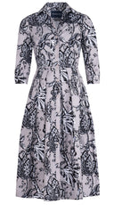 Audrey Dress #1 Shirt Collar 3/4 Sleeve Midi Length Cotton Stretch (Lillie Toile Black)