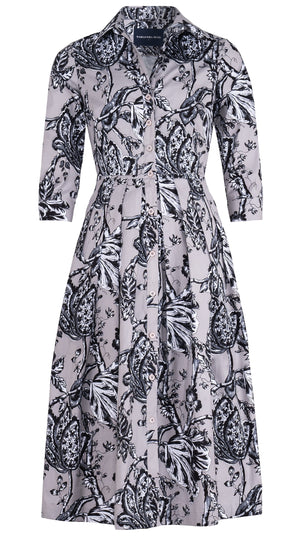Audrey Dress #1 Shirt Collar 3/4 Sleeve Midi Length Cotton Stretch (Lillie Toile Black)