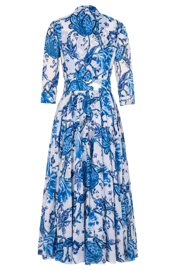 Aster Dress Shirt Collar 3/4 Sleeve Midi Plus Length Cotton Musola (Lillie Toile White)