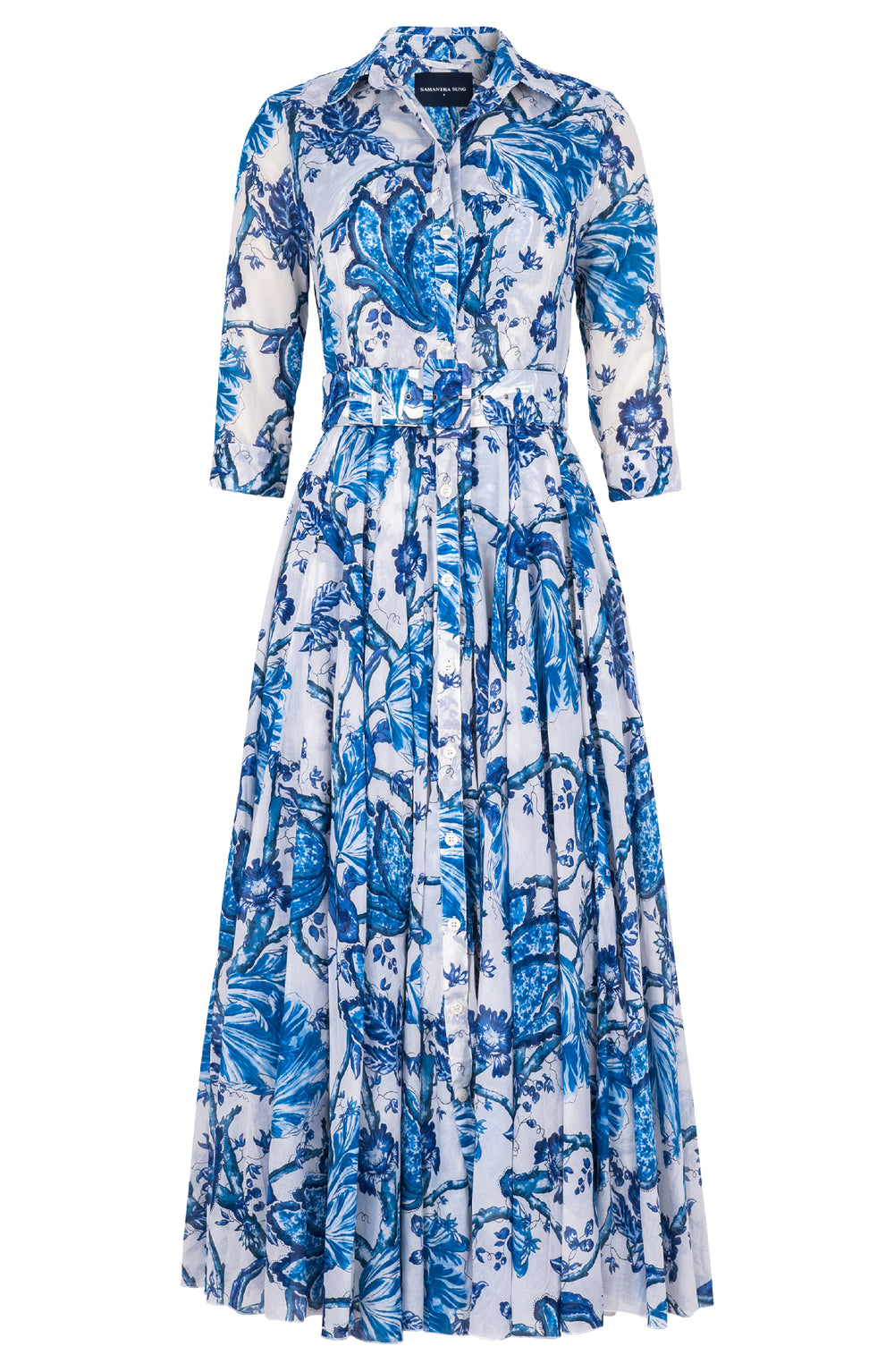 Aster Dress Shirt Collar 3/4 Sleeve Midi Plus Length Cotton Musola (Lillie Toile White)