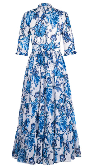 Eva Dress Crew Neck 3/4 Sleeve Maxi Length Cotton Musola (Lillie Toile White)