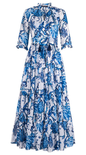 Eva Dress Crew Neck 3/4 Sleeve Maxi Length Cotton Musola (Lillie Toile White)