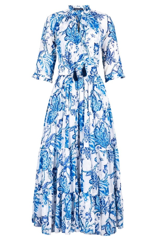 Eva Dress Crew Neck 3/4 Sleeve Maxi Length Cotton Musola (Lillie Toile White)