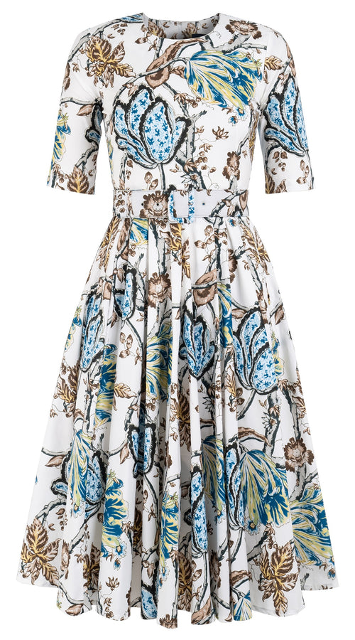 Olivia Dress Crew Neck 1/2 Sleeve Long +3 Length Cotton Stretch (Lillie Toile)