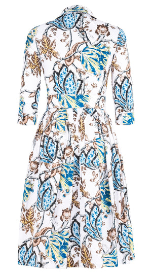 Claire Dress Shirt Collar 3/4 Sleeve Long Length Cotton Stretch (Lillie Toile White)