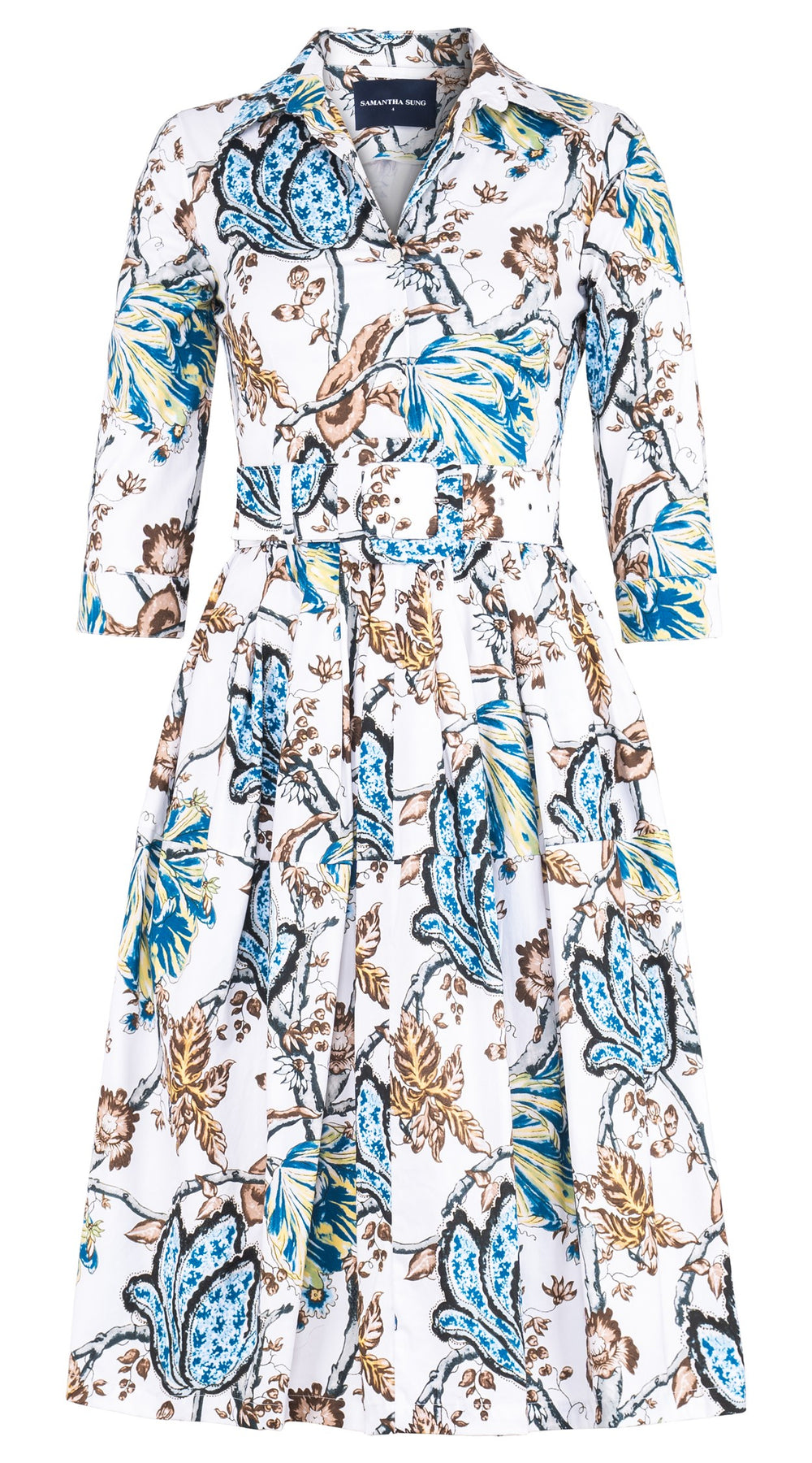 Claire Dress Shirt Collar 3/4 Sleeve Long Length Cotton Stretch (Lillie Toile White)