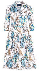 Claire Dress Shirt Collar 3/4 Sleeve Long Length Cotton Stretch (Lillie Toile White)