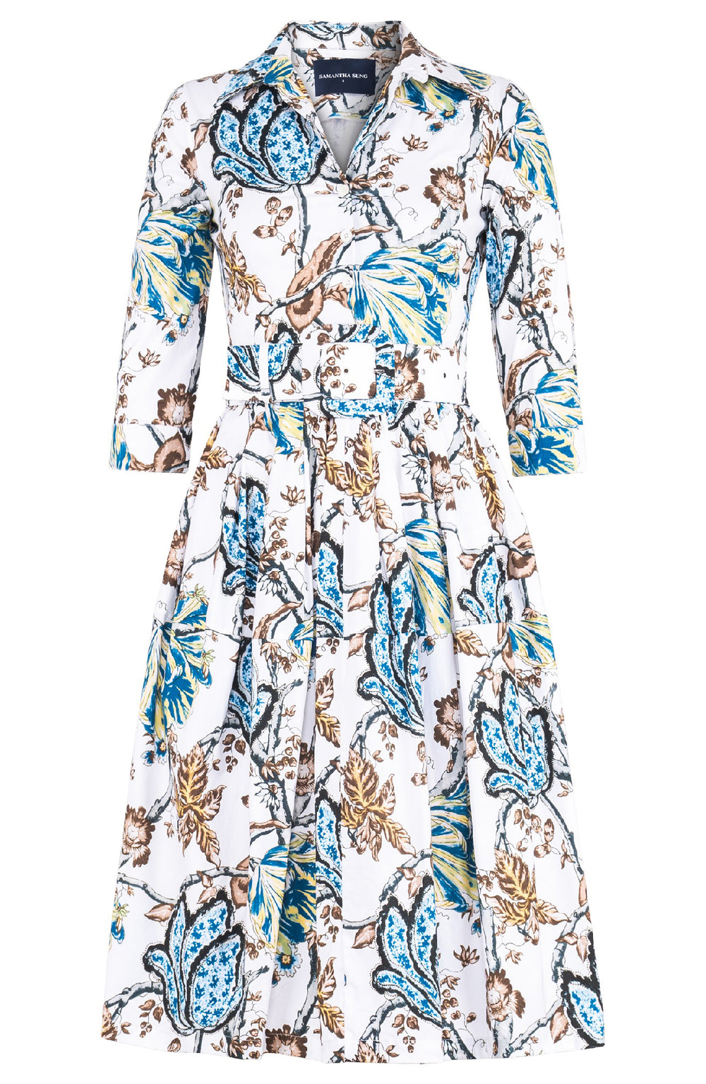 Claire Dress Shirt Collar 3/4 Sleeve Long Length Cotton Stretch (Lillie Toile White)