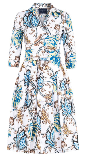 Claire Dress Shirt Collar 3/4 Sleeve Long Length Cotton Stretch (Lillie Toile White)