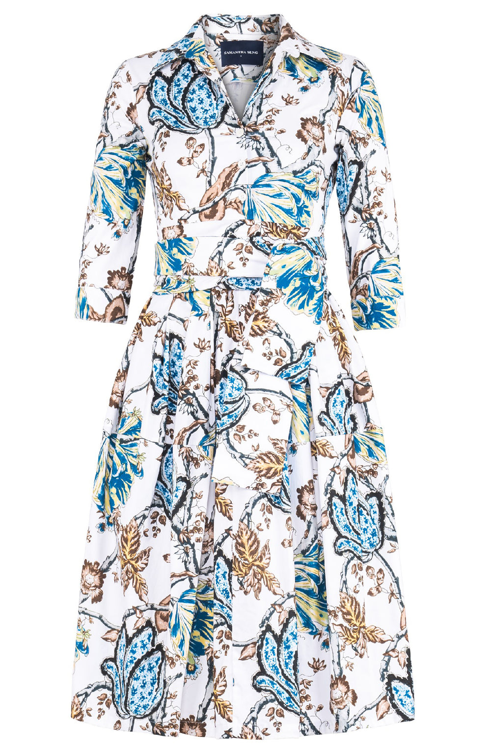 Claire Dress Shirt Collar 3/4 Sleeve Long Length Cotton Stretch (Lillie Toile White)