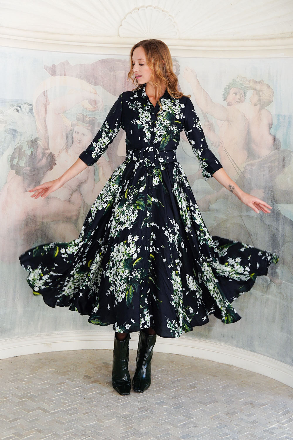 Aster Dress Shirt Collar 3/4 Sleeve Midi Plus Length Poliamide Taffta (Lily of the Valley)