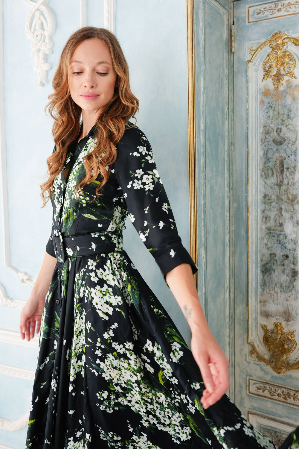 Aster Dress Shirt Collar 3/4 Sleeve Midi Plus Length Poliamide Taffta (Lily of the Valley)