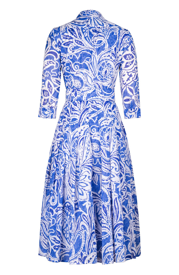 Audrey Dress #4 Shirt Collar 3/4 Sleeve Midi Length Cotton Musola (Linen Paisley Pastel)
