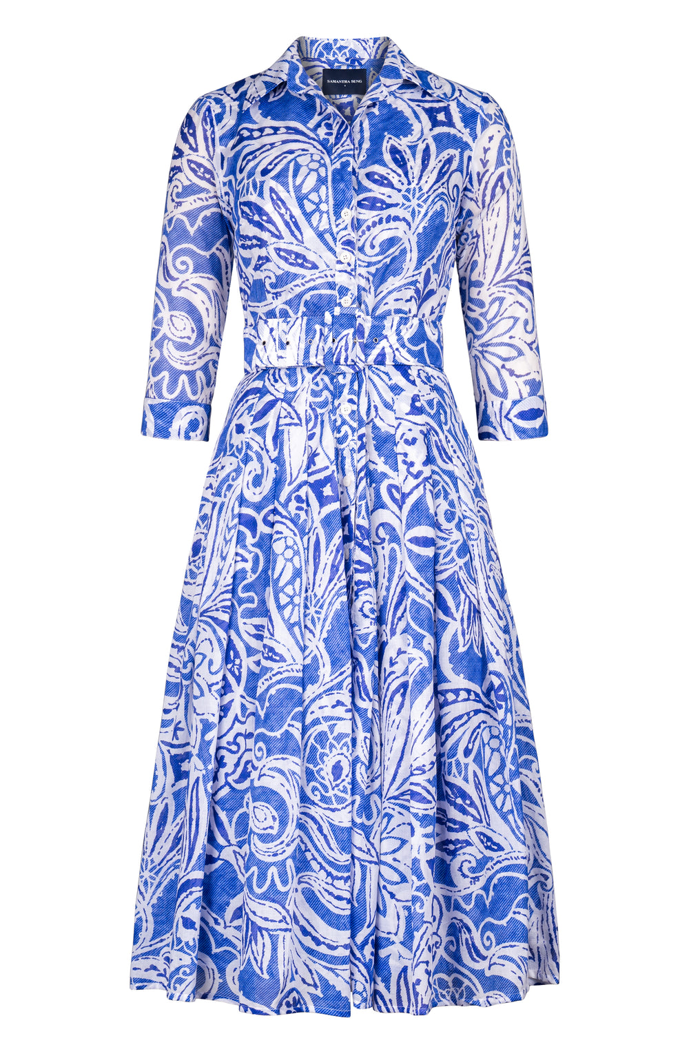 Audrey Dress #4 Shirt Collar 3/4 Sleeve Midi Length Cotton Muola (Linen Paisley Pastel)