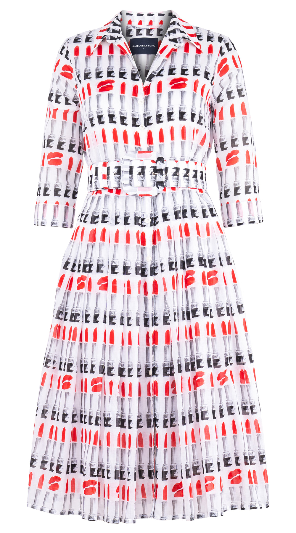 Audrey Dress #4 Shirt Collar 3-4 Sleeve Long Musola (Lipstic Rouge White)