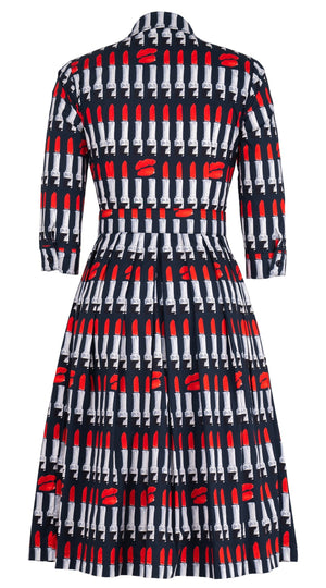 Audrey Dress #1 Shirt Collar 3/4 Sleeve Long Length Cotton Stretch (Lipstic Rouge Black)