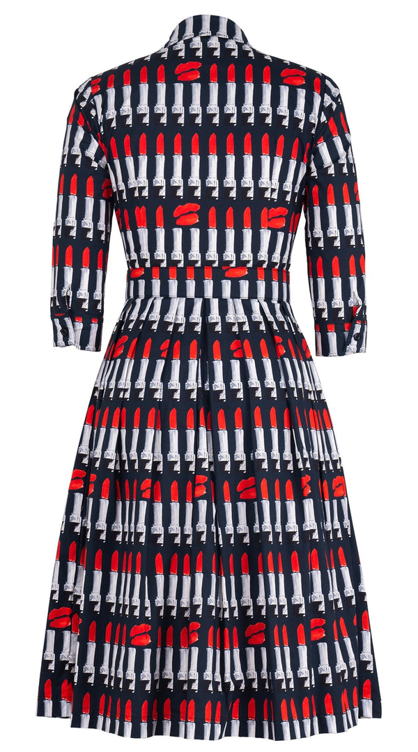 Audrey Dress #1 Shirt Collar 3/4 Sleeve Long Length Cotton Stretch (Lipstic Rouge Black)