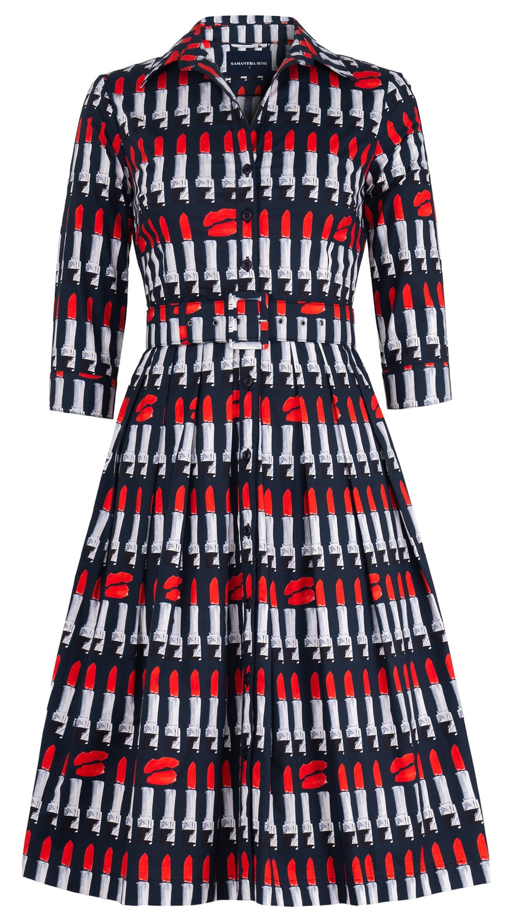 Audrey Dress #1 Shirt Collar 3/4 Sleeve Long Length Cotton Stretch (Lipstic Rouge Black)