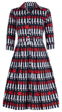 Audrey Dress #1 Shirt Collar 3/4 Sleeve Long Length Cotton Stretch (Lipstic Rouge Black)